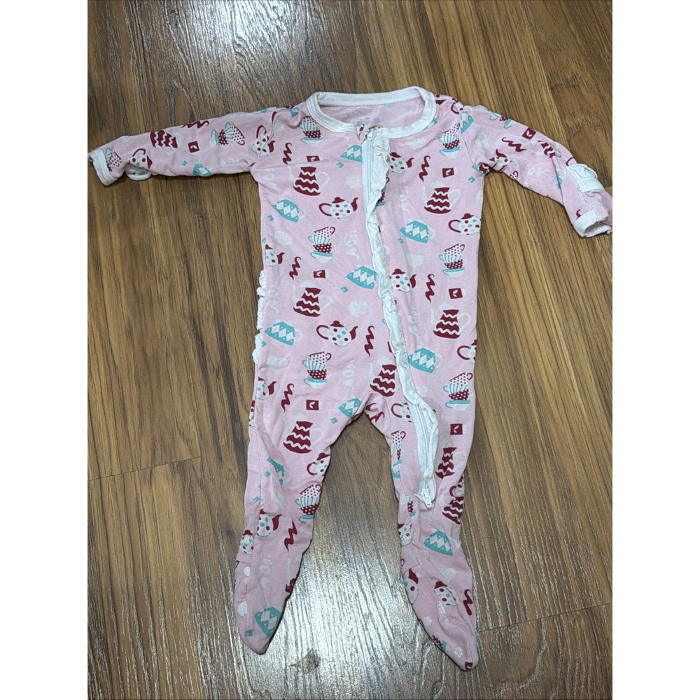 Kickee Pants Baby Girls 0-3 Months Pink Teapot/teacups Ruffle Bum Sleeper PJs